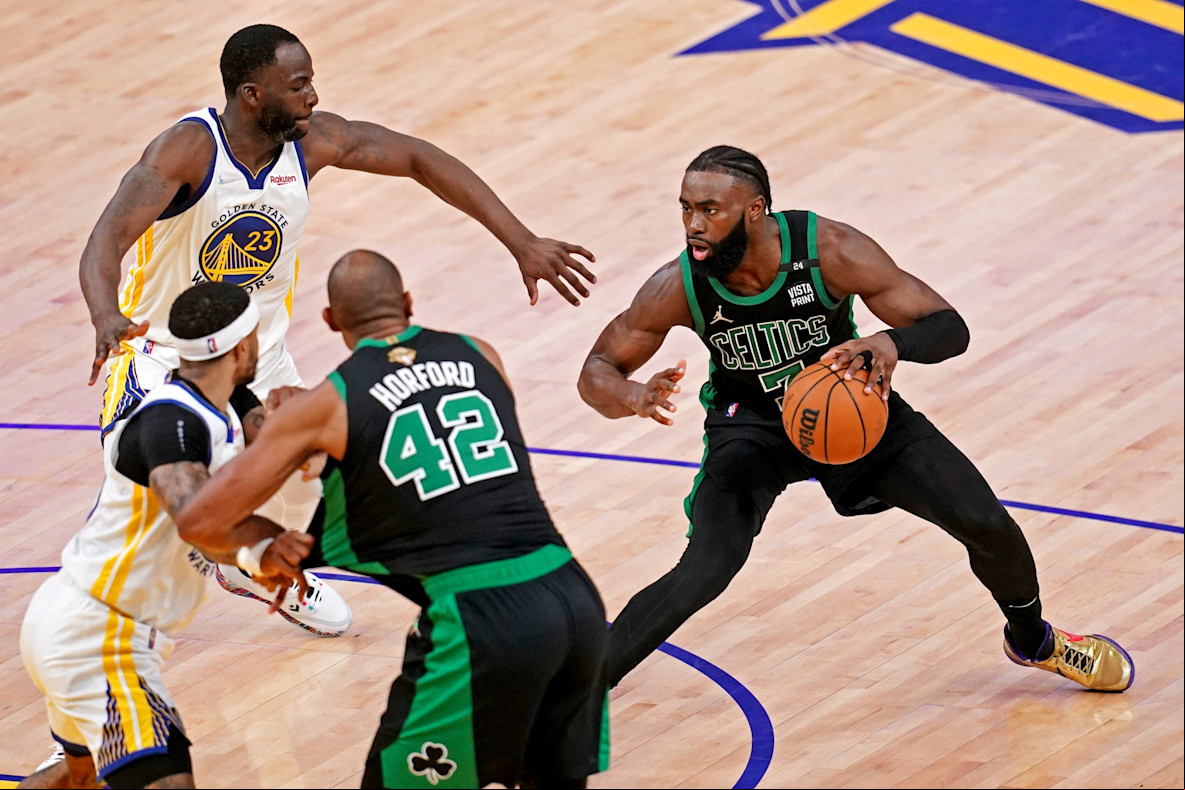 Basketball_NBA_NBA Finals Boston Celtics guard Jaylen Brown Golden State Warriors forward Draymond Green